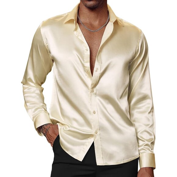 Men's Shiny Satin Dress Shirts Long Sleeve Button Down Silk Shirt with Bow Tie - Picture 1 of 8